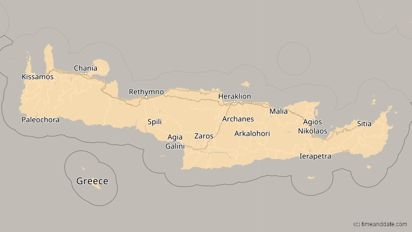 A map of Kreta, Griechenland, showing the path of the 4. Jan 2011 Partielle Sonnenfinsternis
