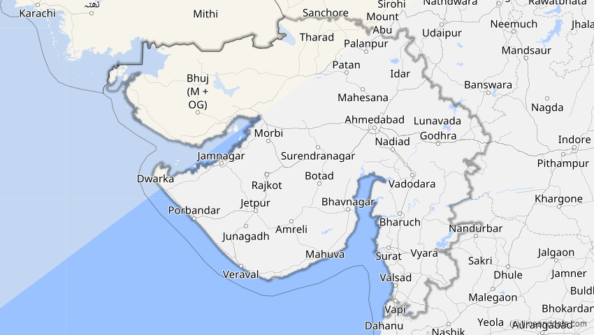 A map of Gujarat, Indien, showing the path of the 4. Jan 2011 Partielle Sonnenfinsternis