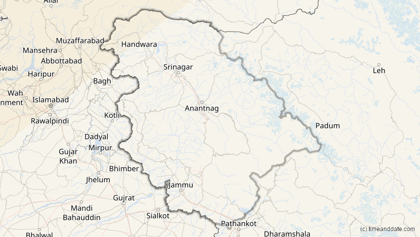 A map of Jammu und Kashmir, Indien, showing the path of the 4. Jan 2011 Partielle Sonnenfinsternis