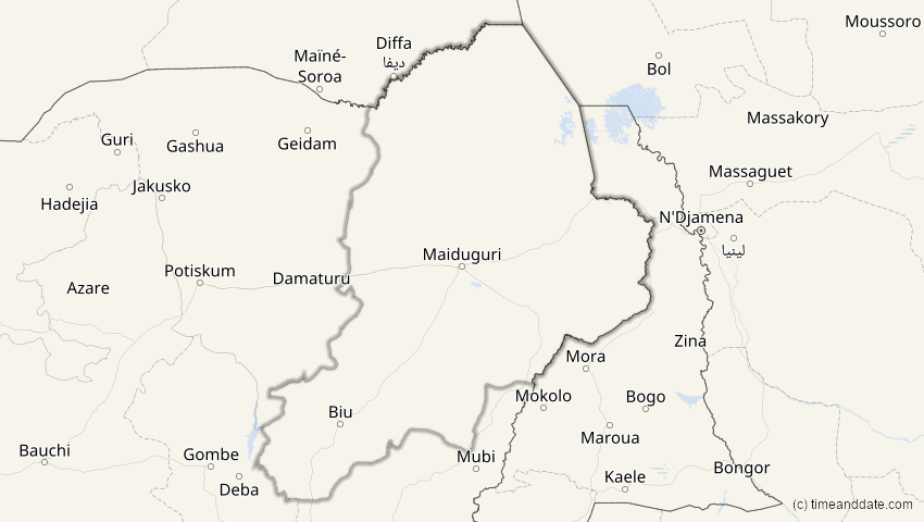 A map of Borno, Nigeria, showing the path of the 4. Jan 2011 Partielle Sonnenfinsternis