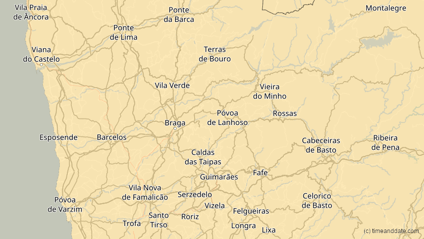 A map of Braga, Portugal, showing the path of the 4. Jan 2011 Partielle Sonnenfinsternis