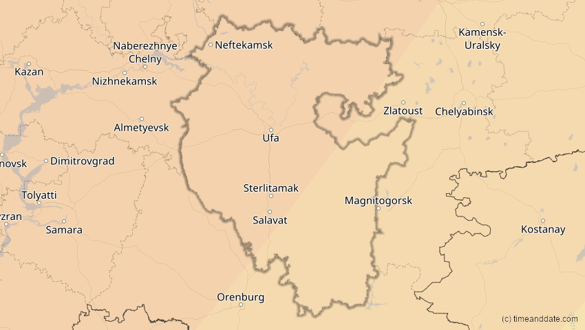 A map of Baschkortostan, Russland, showing the path of the 4. Jan 2011 Partielle Sonnenfinsternis