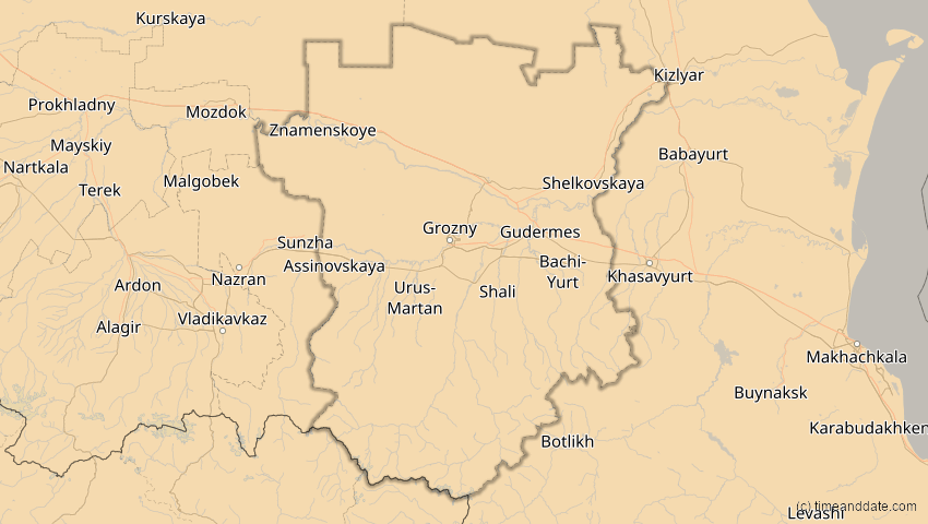 A map of Tschetschenien, Russland, showing the path of the 4. Jan 2011 Partielle Sonnenfinsternis