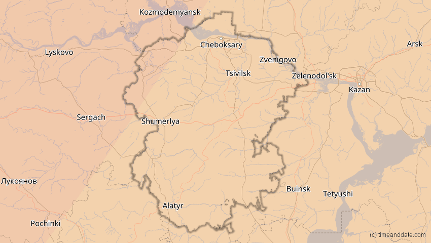 A map of Tschuwaschien, Russland, showing the path of the 4. Jan 2011 Partielle Sonnenfinsternis