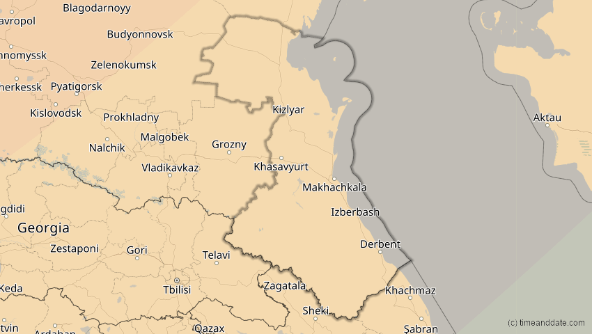 A map of Dagestan, Russland, showing the path of the 4. Jan 2011 Partielle Sonnenfinsternis