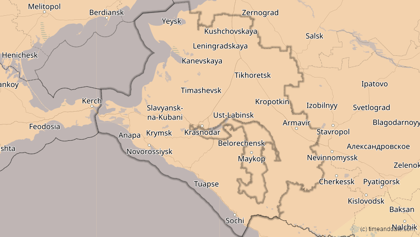 A map of Krasnodar, Russland, showing the path of the 4. Jan 2011 Partielle Sonnenfinsternis