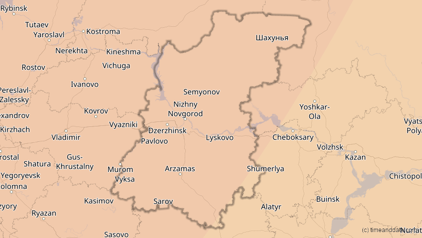 A map of Nischni Nowgorod, Russland, showing the path of the 4. Jan 2011 Partielle Sonnenfinsternis