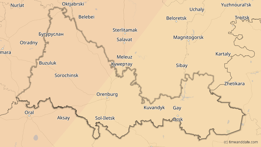 A map of Orenburg, Russland, showing the path of the 4. Jan 2011 Partielle Sonnenfinsternis