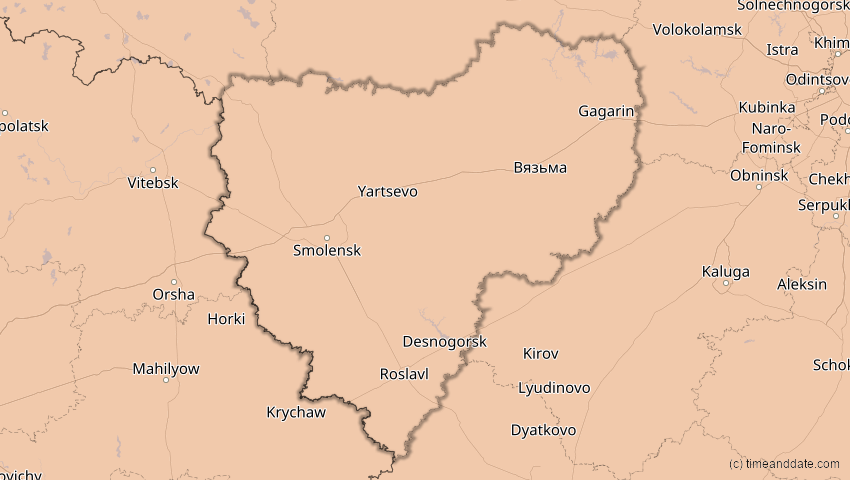 A map of Smolensk, Russland, showing the path of the 4. Jan 2011 Partielle Sonnenfinsternis