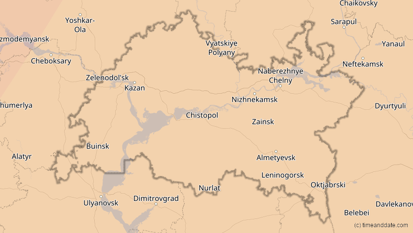 A map of Tatarstan, Russland, showing the path of the 4. Jan 2011 Partielle Sonnenfinsternis