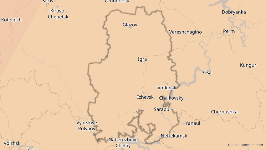 A map of Udmurtien, Russland, showing the path of the 4. Jan 2011 Partielle Sonnenfinsternis