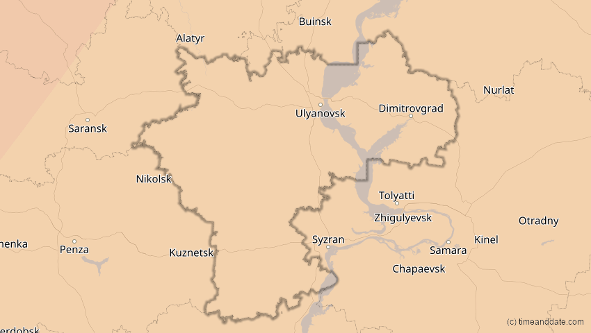 A map of Uljanowsk, Russland, showing the path of the 4. Jan 2011 Partielle Sonnenfinsternis