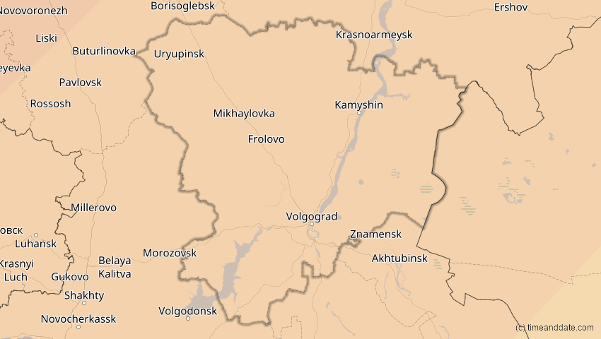A map of Wolgograd, Russland, showing the path of the 4. Jan 2011 Partielle Sonnenfinsternis