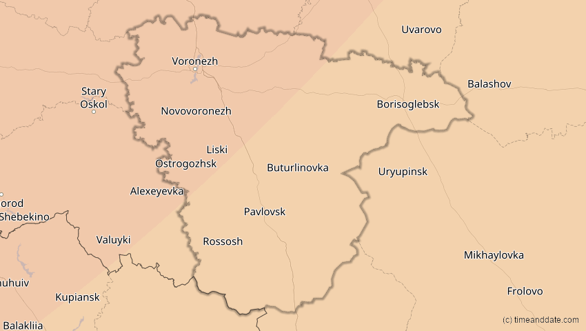 A map of Woronesch, Russland, showing the path of the 4. Jan 2011 Partielle Sonnenfinsternis