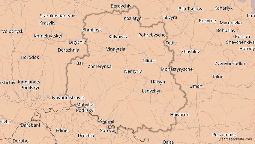 A map of Winnyzja, Ukraine, showing the path of the 4. Jan 2011 Partielle Sonnenfinsternis