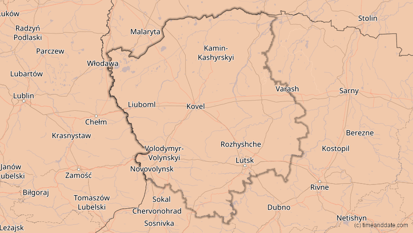 A map of Wolhynien, Ukraine, showing the path of the 4. Jan 2011 Partielle Sonnenfinsternis