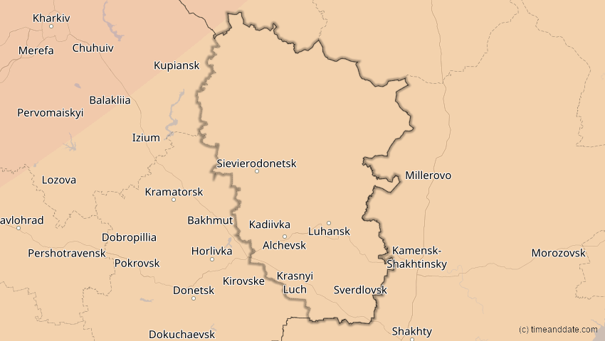 A map of Luhansk, Ukraine, showing the path of the 4. Jan 2011 Partielle Sonnenfinsternis