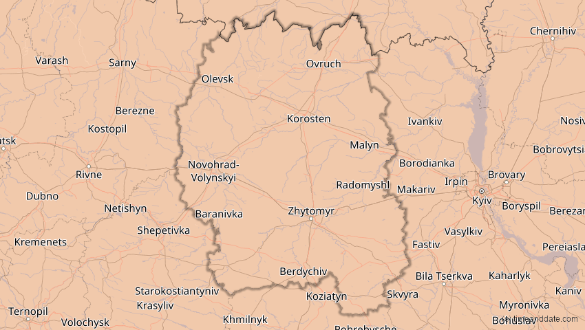A map of Schytomyr, Ukraine, showing the path of the 4. Jan 2011 Partielle Sonnenfinsternis