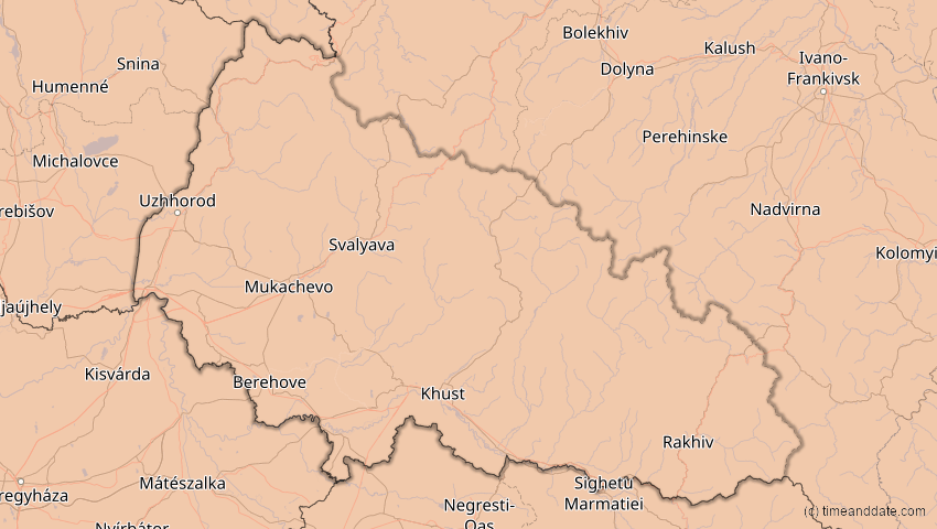 A map of Transkarpatien, Ukraine, showing the path of the 4. Jan 2011 Partielle Sonnenfinsternis