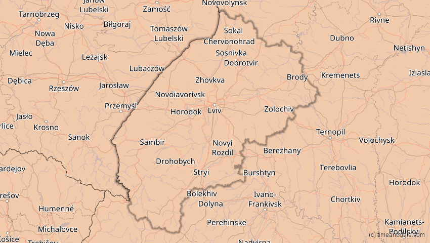 A map of Lwiw, Ukraine, showing the path of the 4. Jan 2011 Partielle Sonnenfinsternis