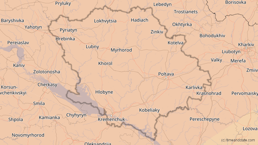 A map of Poltawa, Ukraine, showing the path of the 4. Jan 2011 Partielle Sonnenfinsternis