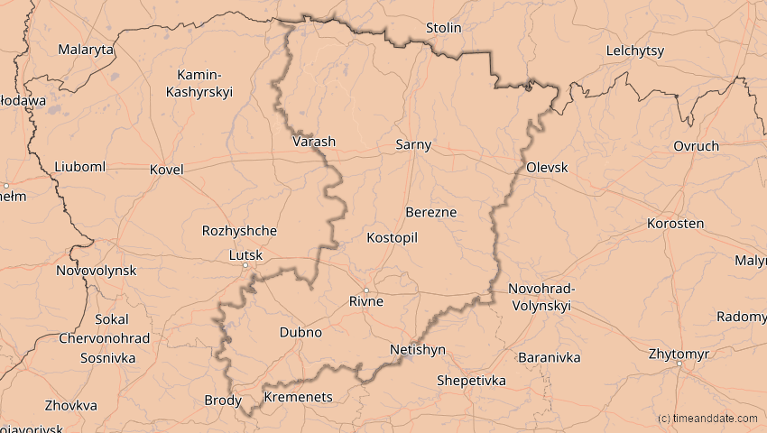 A map of Riwne, Ukraine, showing the path of the 4. Jan 2011 Partielle Sonnenfinsternis