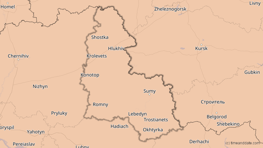 A map of Sumy, Ukraine, showing the path of the 4. Jan 2011 Partielle Sonnenfinsternis