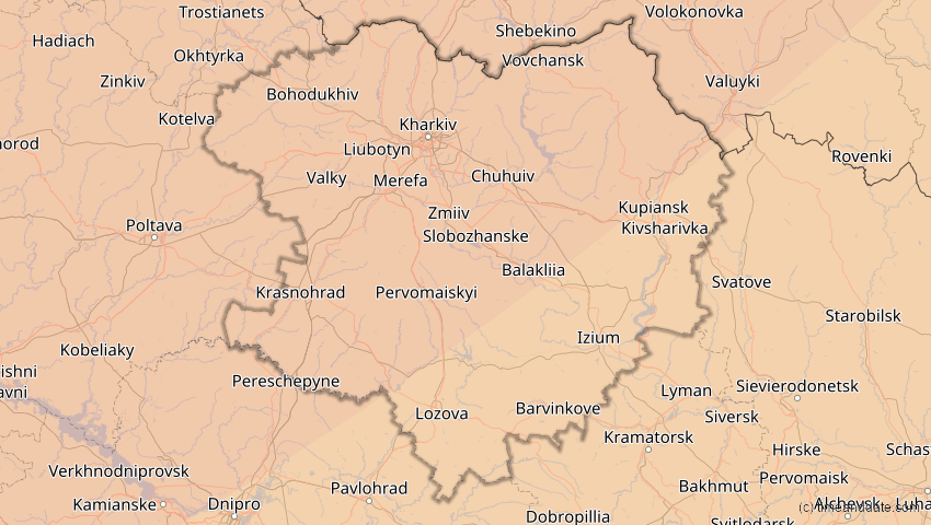 A map of Charkiw, Ukraine, showing the path of the 4. Jan 2011 Partielle Sonnenfinsternis