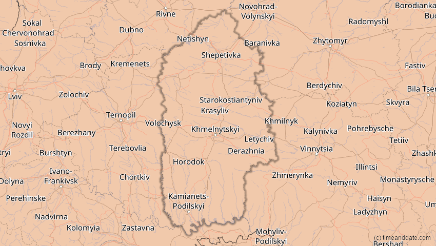 A map of Chmelnyzkyj, Ukraine, showing the path of the 4. Jan 2011 Partielle Sonnenfinsternis