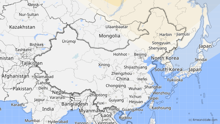 A map of China, showing the path of the 2. Jun 2011 Partielle Sonnenfinsternis