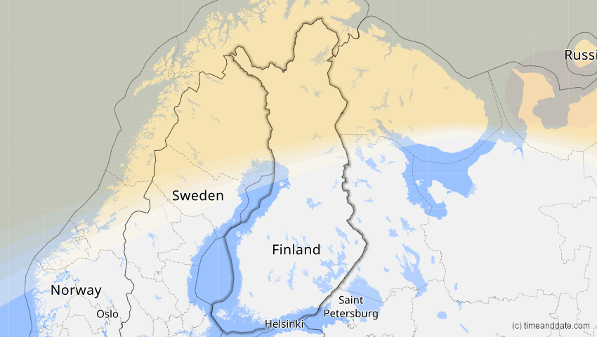 A map of Finnland, showing the path of the 1–2. Jun 2011 Partielle Sonnenfinsternis