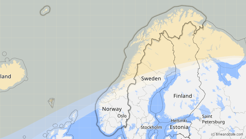 A map of Norwegen, showing the path of the 1–2. Jun 2011 Partielle Sonnenfinsternis