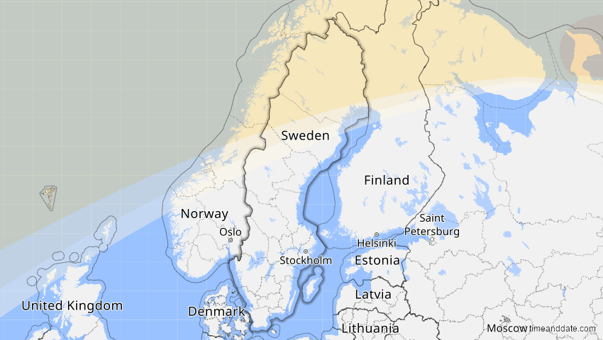 A map of Schweden, showing the path of the 1–2. Jun 2011 Partielle Sonnenfinsternis