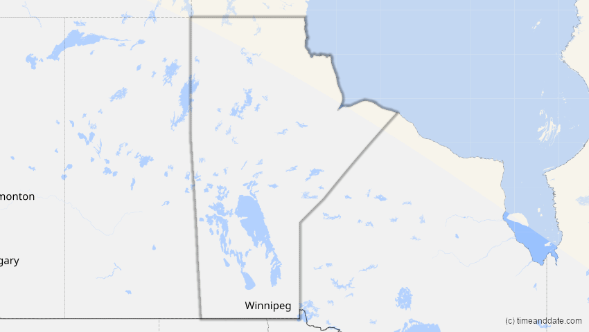 A map of Manitoba, Kanada, showing the path of the 1. Jun 2011 Partielle Sonnenfinsternis