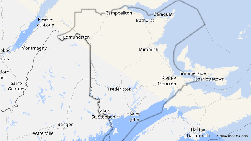 A map of New Brunswick, Kanada, showing the path of the 1. Jun 2011 Partielle Sonnenfinsternis
