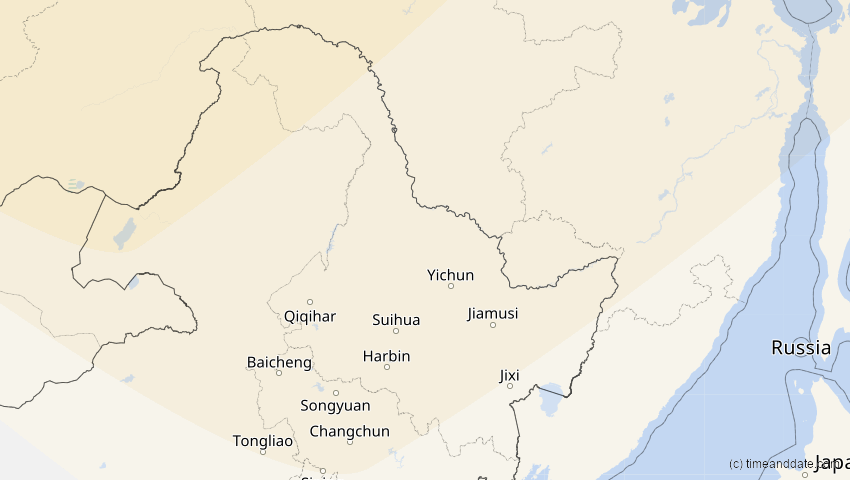 A map of Heilongjiang, China, showing the path of the 2. Jun 2011 Partielle Sonnenfinsternis