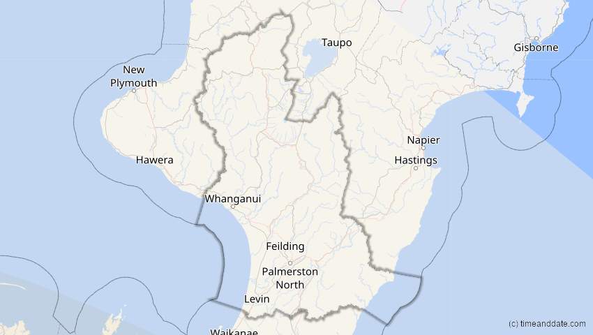 A map of Manawatu-Whanganui, Neuseeland, showing the path of the 25. Nov 2011 Partielle Sonnenfinsternis