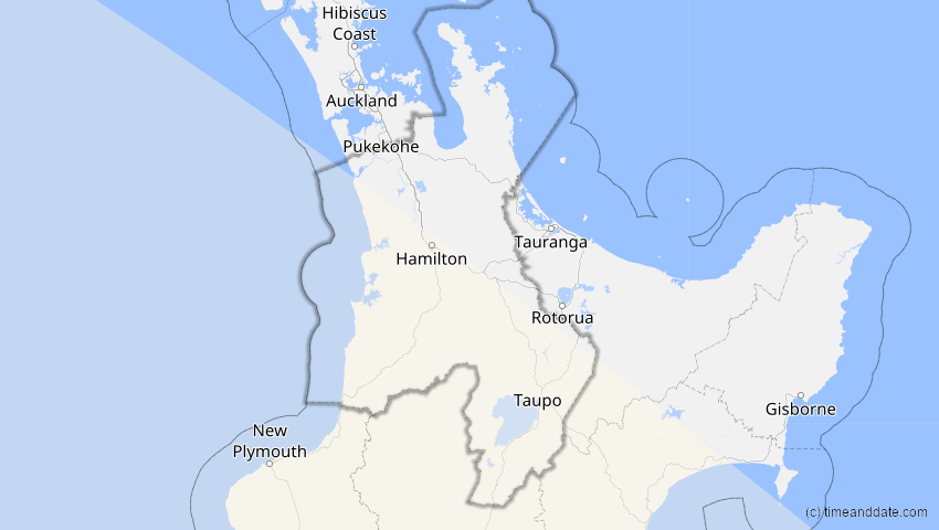 A map of Waikato, Neuseeland, showing the path of the 25. Nov 2011 Partielle Sonnenfinsternis