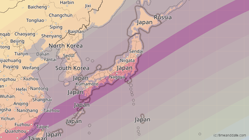 A map of Japan, showing the path of the 21. Mai 2012 Ringförmige Sonnenfinsternis