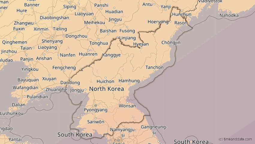 A map of Nordkorea, showing the path of the 21. Mai 2012 Ringförmige Sonnenfinsternis