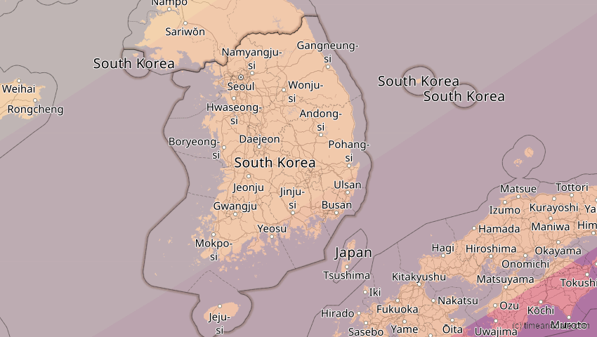 A map of Südkorea, showing the path of the 21. Mai 2012 Ringförmige Sonnenfinsternis