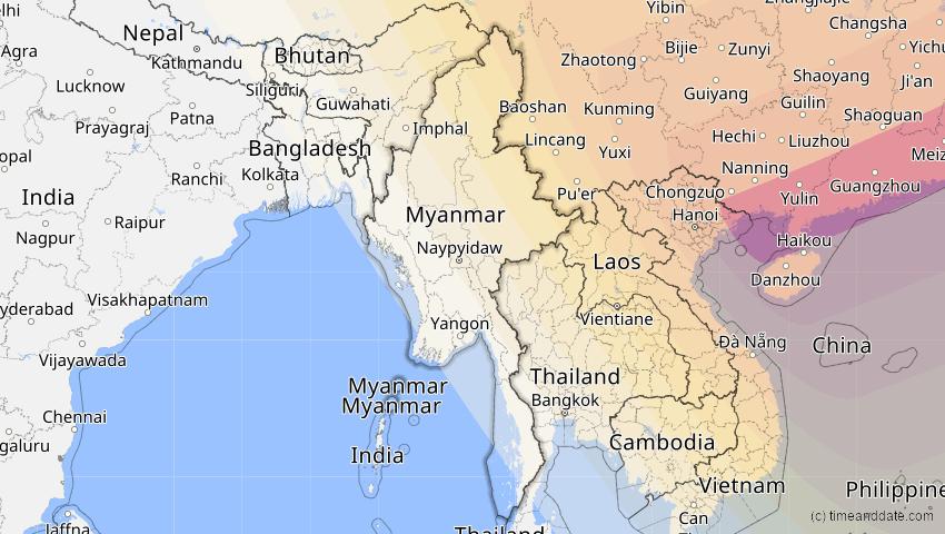 A map of Myanmar, showing the path of the 21. Mai 2012 Ringförmige Sonnenfinsternis