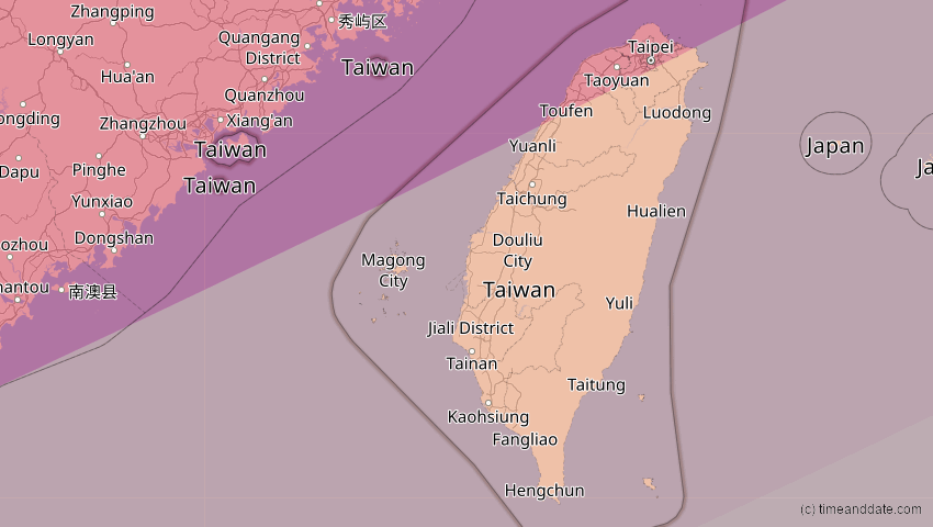 A map of Taiwan, showing the path of the 21. Mai 2012 Ringförmige Sonnenfinsternis