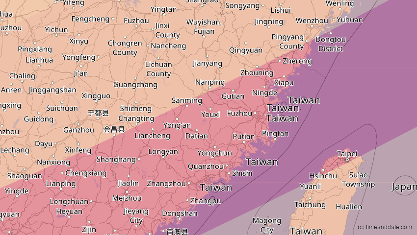A map of Fujian, China, showing the path of the 21. Mai 2012 Ringförmige Sonnenfinsternis