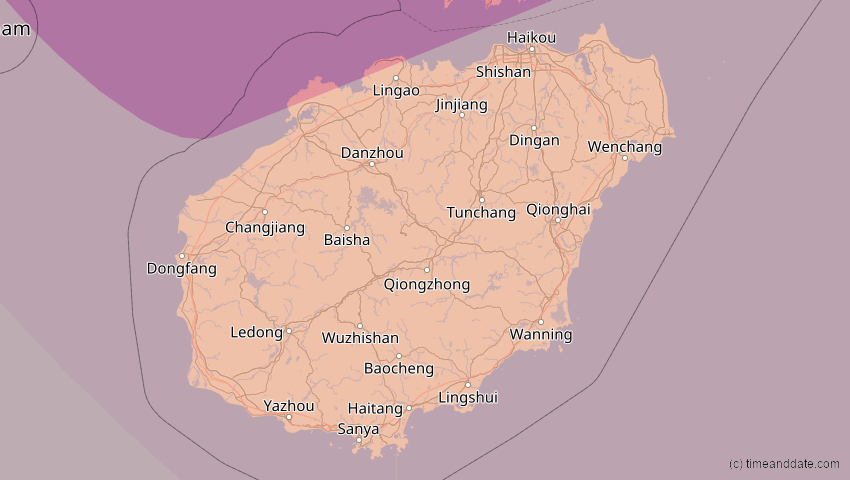 A map of Hainan, China, showing the path of the 21. Mai 2012 Ringförmige Sonnenfinsternis