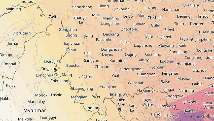 A map of Yunnan, China, showing the path of the 21. Mai 2012 Ringförmige Sonnenfinsternis