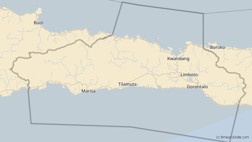 A map of Gorontalo, Indonesien, showing the path of the 21. Mai 2012 Ringförmige Sonnenfinsternis