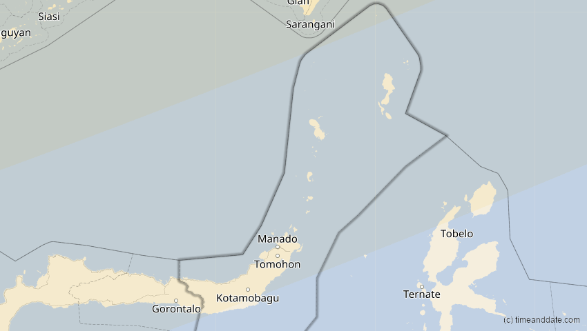 A map of Sulawesi Utara, Indonesien, showing the path of the 21. Mai 2012 Ringförmige Sonnenfinsternis