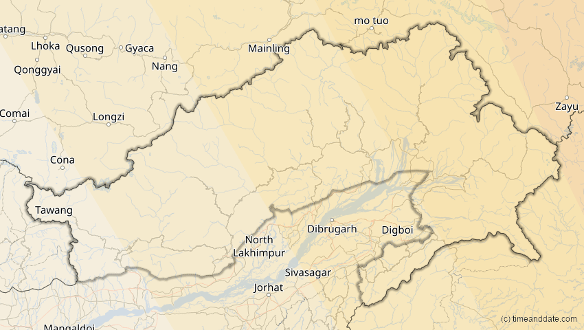 A map of Arunachal Pradesh, Indien, showing the path of the 21. Mai 2012 Ringförmige Sonnenfinsternis