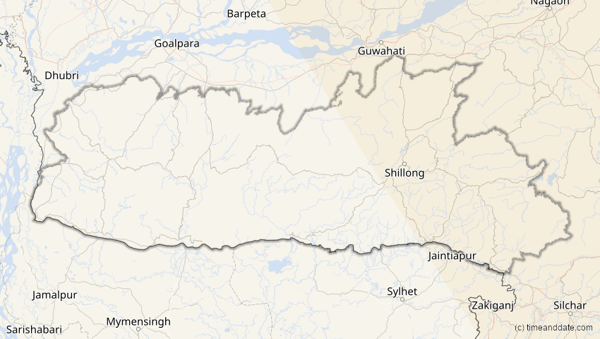 A map of Meghalaya, Indien, showing the path of the 21. Mai 2012 Ringförmige Sonnenfinsternis